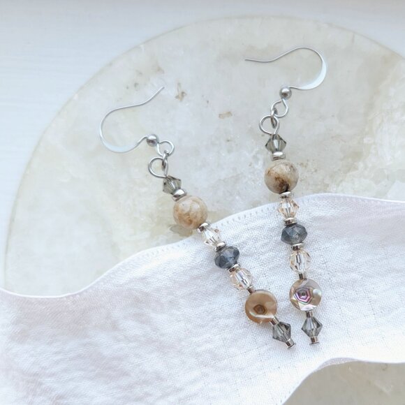 Neutral Abalone and Crystal Stainless Steel Drop Dangle Earrings - Picture 1 of 4